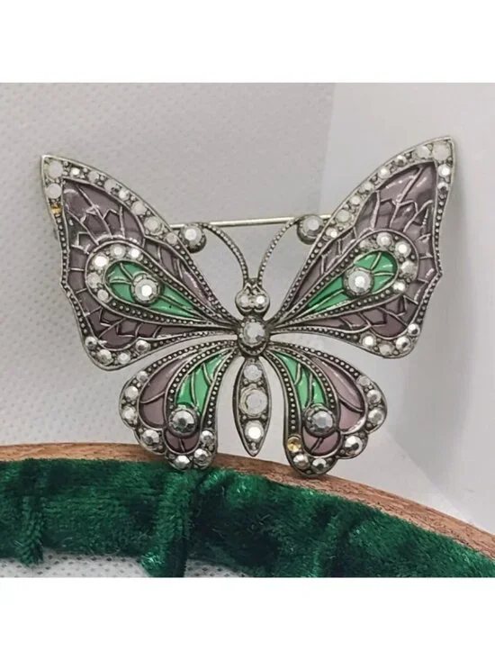 Vtg Plique a Jour Enamel & Marcasite Butterfly Brooch Pin Green Lavender - READ - Picture 2 of 8